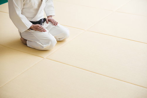 道場の畳の上で正座する柔道選手