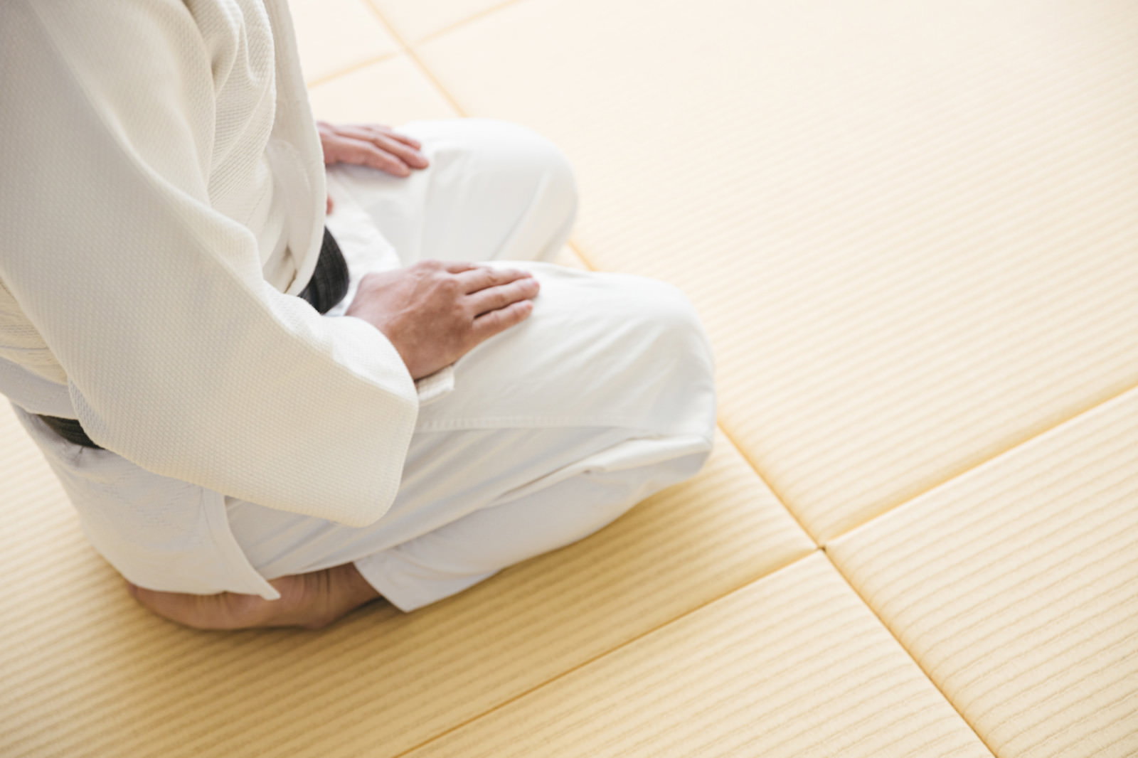 白い道着を着た男性が畳の上で静かに正座している様子［モデル：大川竜弥］