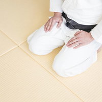 畳の上で正座する男性柔道家の礼儀作法の写真