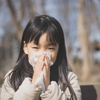 花粉症の季節、ティッシュで鼻をかむ女の子の写真