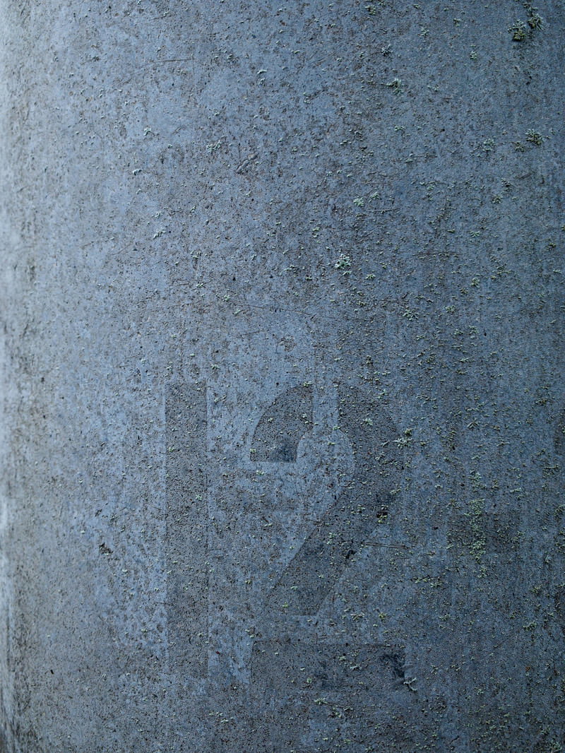 グレーのコンクリート表面に12番の数字の跡が刻まれた電柱