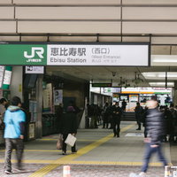 JR恵比寿駅前の西口入口 駅舎と乗客の様子の写真