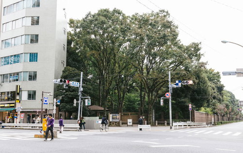 東京駒込の六義園前交差点で行き交う人々と信号機