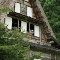 合掌造りの家の窓辺から見下ろす子供の人形（相倉集落）の写真