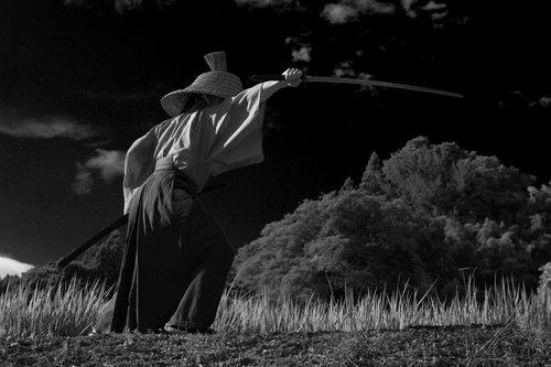 日本刀を振り抜く侍の抜刀、麦畑での武士の姿