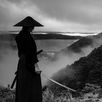 御霊櫃峠から遠くを眺める網代笠の侍の後ろ姿の写真