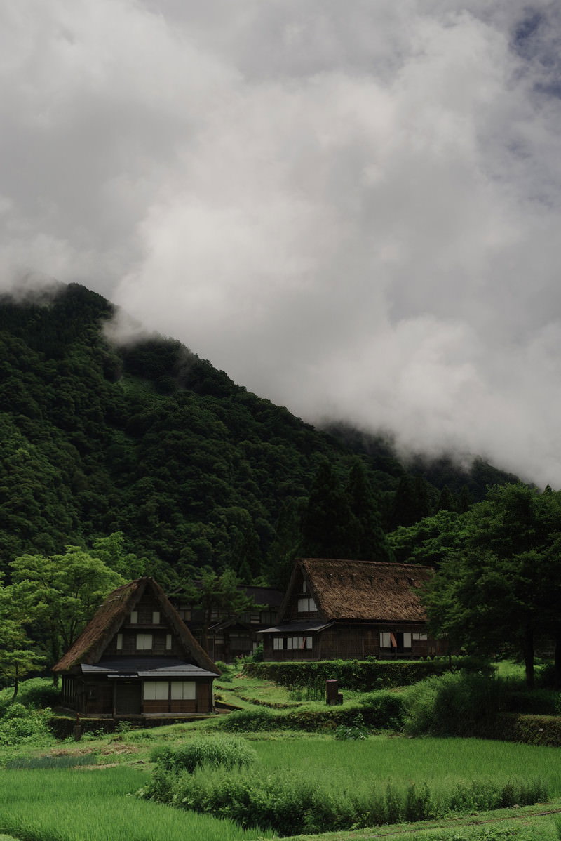雲湧く山を背景に合掌造りが並ぶ相倉集落