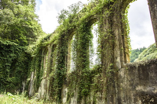 蔦に覆われた沈堕発電所の石造りアーチ構造
