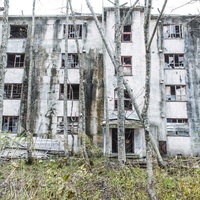 朽ちたコンクリート建物が並ぶ炭鉱住宅の廃墟の写真