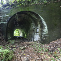 山奥の廃線とトンネル入り口 薄暗い森の朽ちた線路の写真