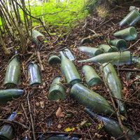 山奥に捨てられた複数の瓶と廃棄物による環境破壊の写真