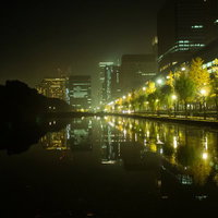 皇居の外濠に映り込むビル群の夜景と街路樹の写真