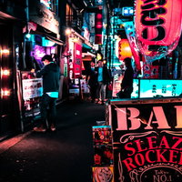 ちょうちんやネオンサインで賑わう新橋の裏路地飲み屋街の写真