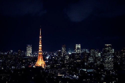 夜の東京タワーと高層ビル群の夜景 都心の光景