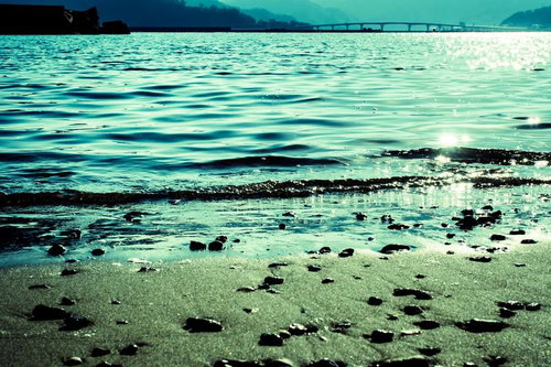 宇佐湾の浜辺より、波打ち際