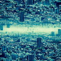 都市の建物が上下反転して中央に明るい帯がある合成都市写真の写真