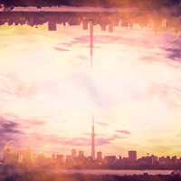 逆さ都市のフォトモンタージュ・遠景のスカイツリーの写真