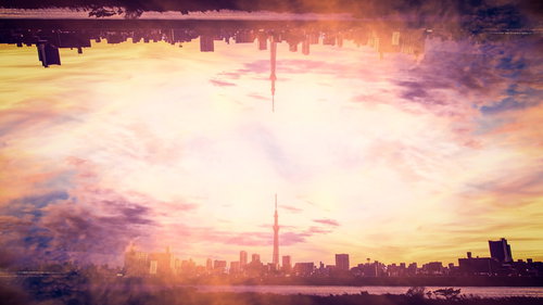 逆さ都市のフォトモンタージュ・遠景のスカイツリー
