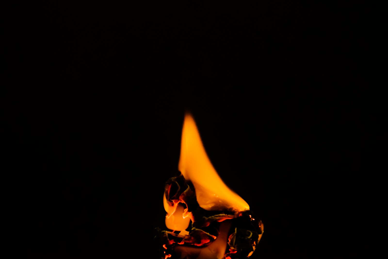 黒背景で揺らめく炎と灰になりかけの焚き火