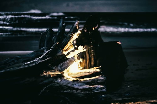 暗闇の海辺で流木に座る女性のシルエット 夜間