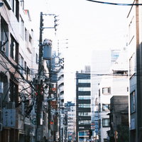住宅地の建物間に縦横に伸びる電線と電柱の日常風景の写真
