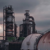 曇り空に佇む工場のプラント設備の写真