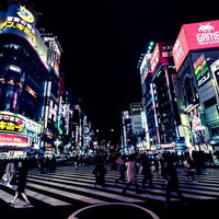 新宿歌舞伎町のスクランブル交差点を往来する人々（夜間）の写真