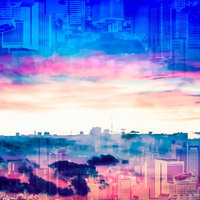 朝と夜が重なる都市風景 - 時間が交差する街の写真