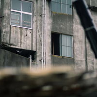 窓が開いた不気味な廃墟の外観、割れたガラス窓と苔むした外壁の写真