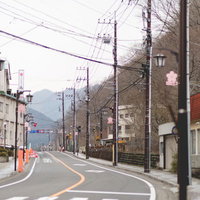 山を背景に電柱が立ち並ぶ鬼怒川温泉街の街並みの写真