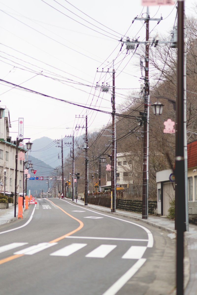 山が見える鬼怒川の街並み。電柱が立ち並び、奥に山が見える道路沿いの建物