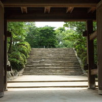 岡山城の城門先に続く石段階段登廊と苔むした石垣の写真
