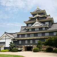 岡山城の天守閣と門構え、石垣と瓦屋根の歴史的建造物の写真