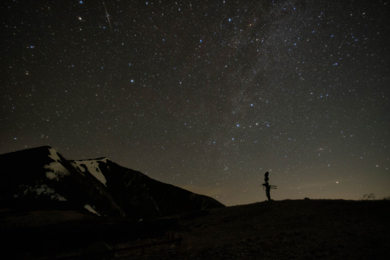 北アルプスの山並みの上に広がる満天の星空と山頂に立つ人のシルエット