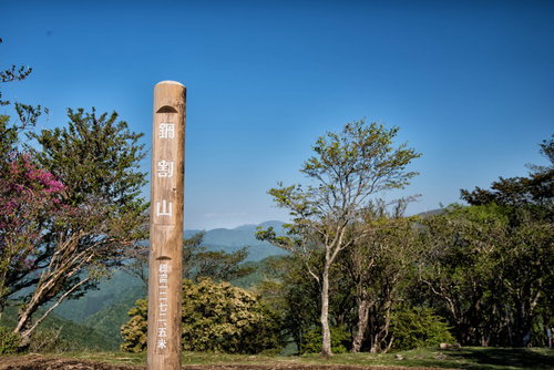 青空の下に立つ鍋割山山頂の木製標識と山並みの風景