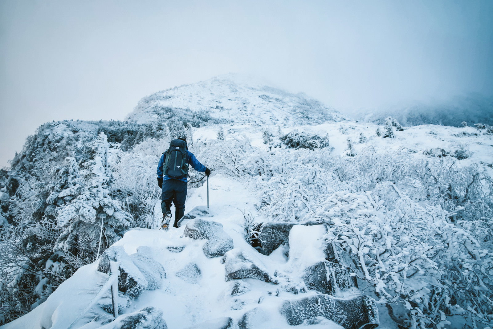 雪に覆われた山稜でピッケルを持って歩く登山者