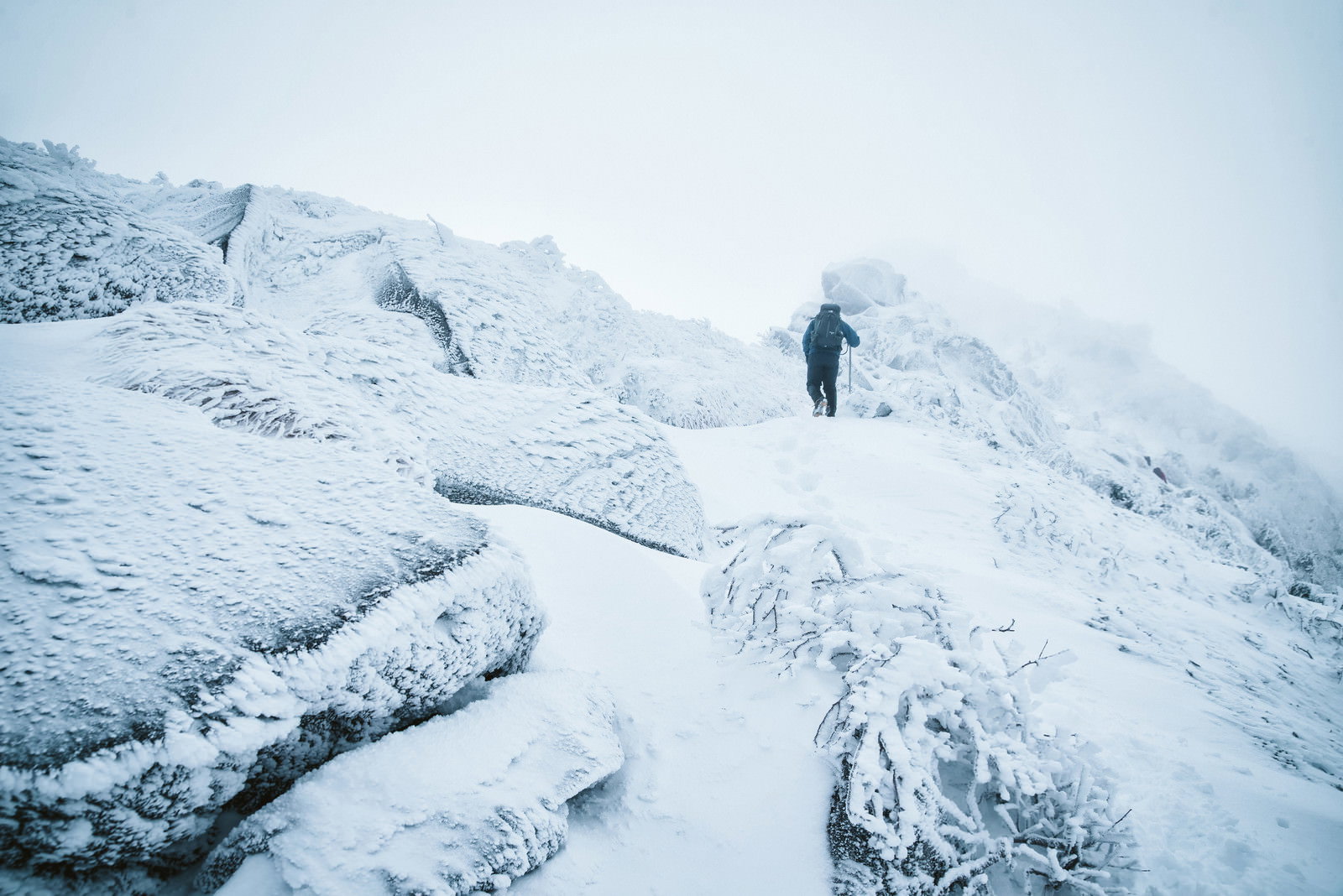 雪に覆われた山の斜面でガスが立ち込める中を登る登山者