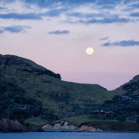 グレートバリア島の海岸から見る満月（ニュージーランド）の写真
