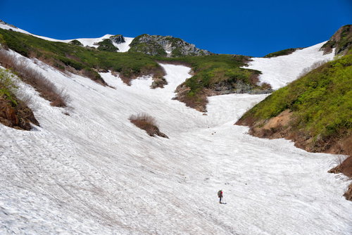 針ノ木岳の雪渓に挑む登山者の登山風景と高山の自然