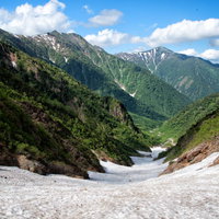 新緑期の針ノ木岳に残る針ノ木大雪渓と登山者の風景の写真