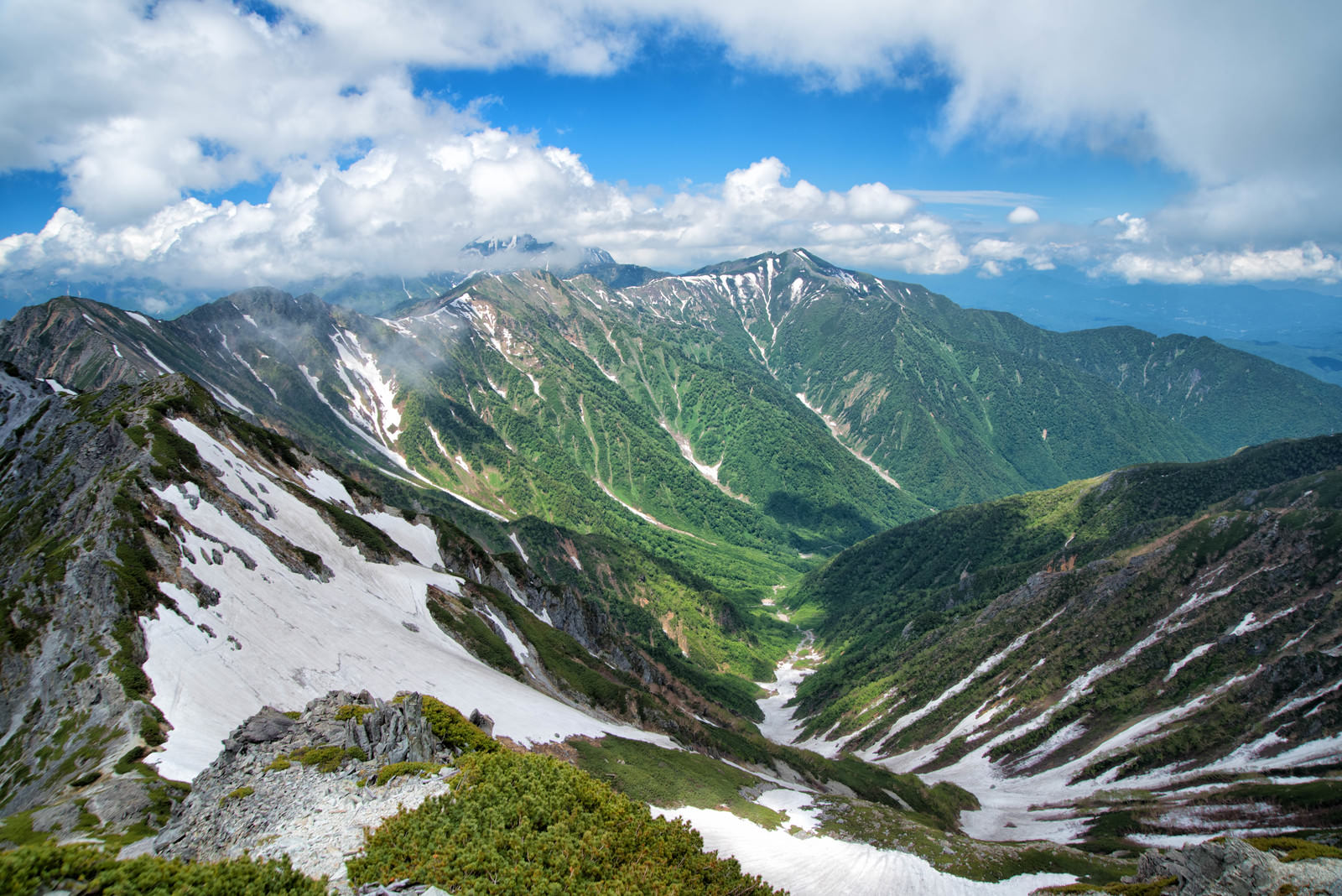 針ノ木岳から眺める大雪渓と新緑の爺ヶ岳の山岳風景