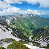 針ノ木岳から眺める大雪渓と新緑の爺ヶ岳（北アルプス飛騨山脈）の写真