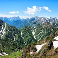 針ノ木峠から見える槍ヶ岳と残雪の飛騨山脈の写真