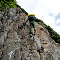 険しい北穂高南陵の岩場に挑む登山者の登攀の写真