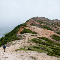 八ヶ岳連峰・天狗岳の稜線を歩く登山者の登山道の写真