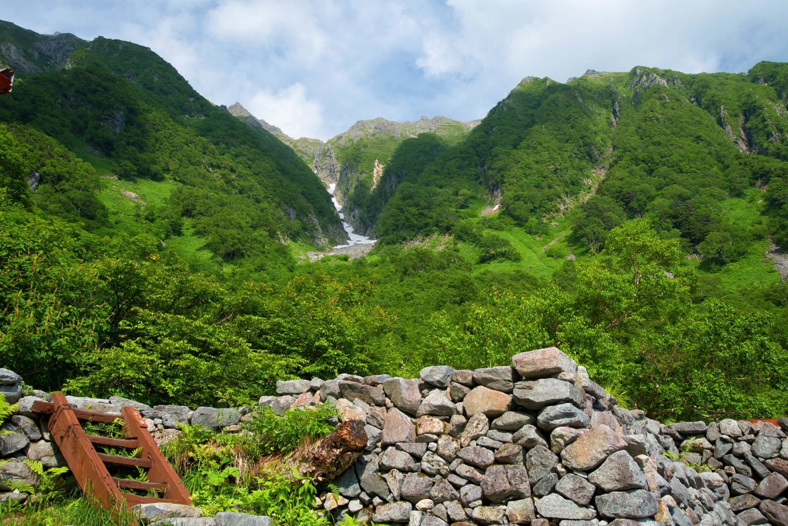 岳沢山荘と夏山テント場の俯瞰