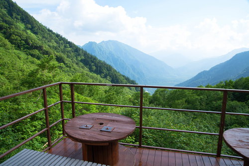 上高地を望む岳沢山荘のテラスから見る北アルプスの絶景