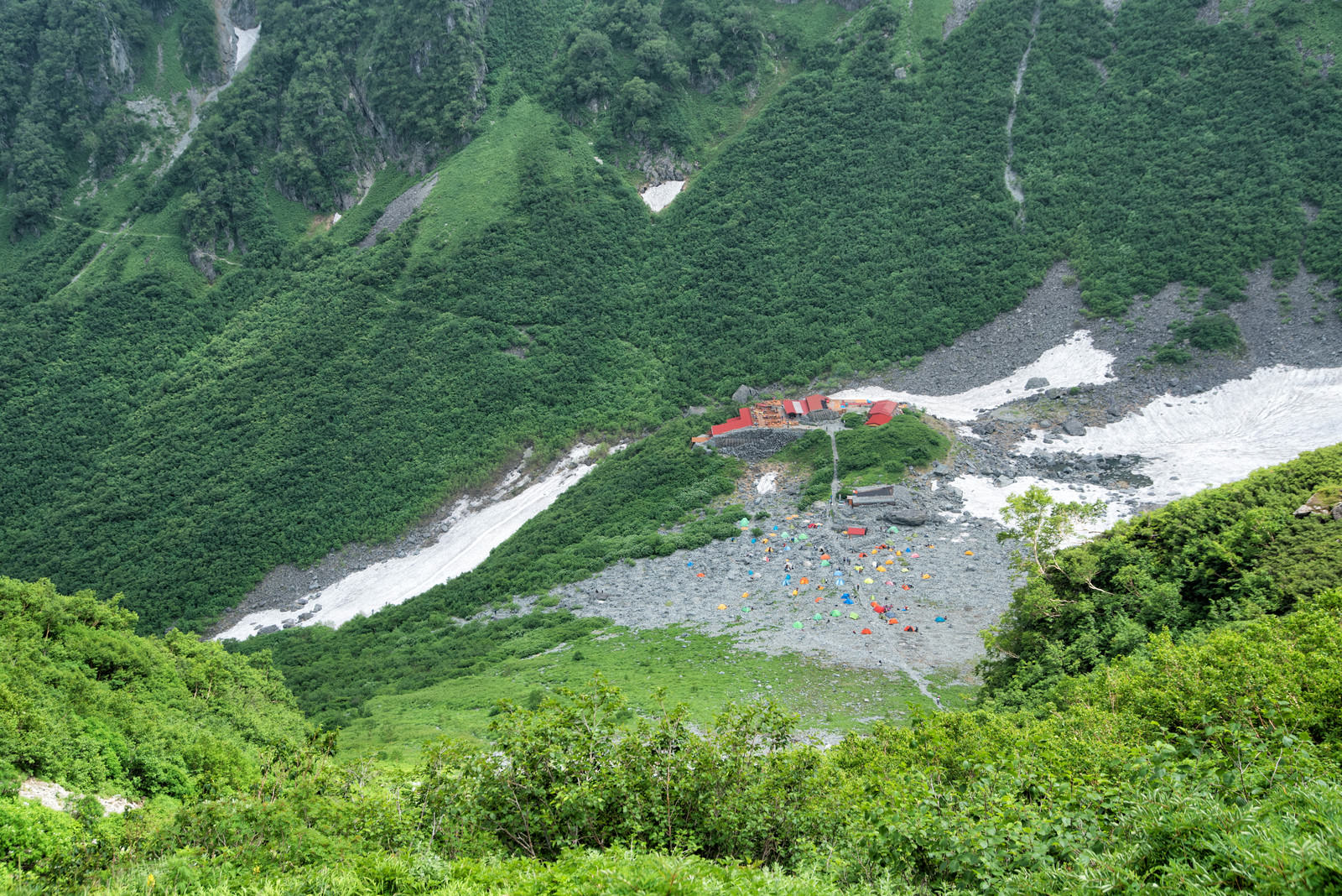涸沢の緑豊かな山間部に設営されたテントサイトとパノラマコース