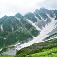 涸沢カールと前穂高北尾根の残雪と岩稜（北アルプス）の写真