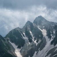雲間から北尾根に差し込む光が照らす前穂高岳の山肌の写真